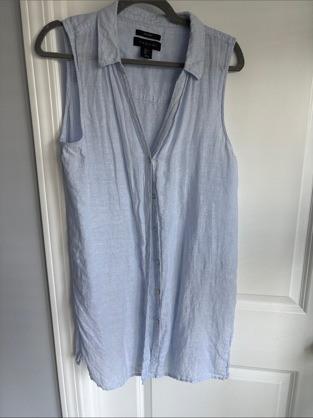 Tahari Pale Blue Sleeveless Button-Down Tunic Dress